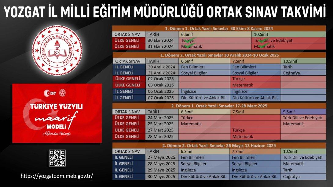 2024-2025 YOZGAT İL MİLLİ EĞİTİM MÜDÜRLÜĞÜ ORTAK SINAVLAR TAKVİMİ